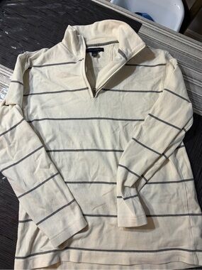 Banana Republic Men’s Cream Zip-Neck Sweater with Gray Stripes